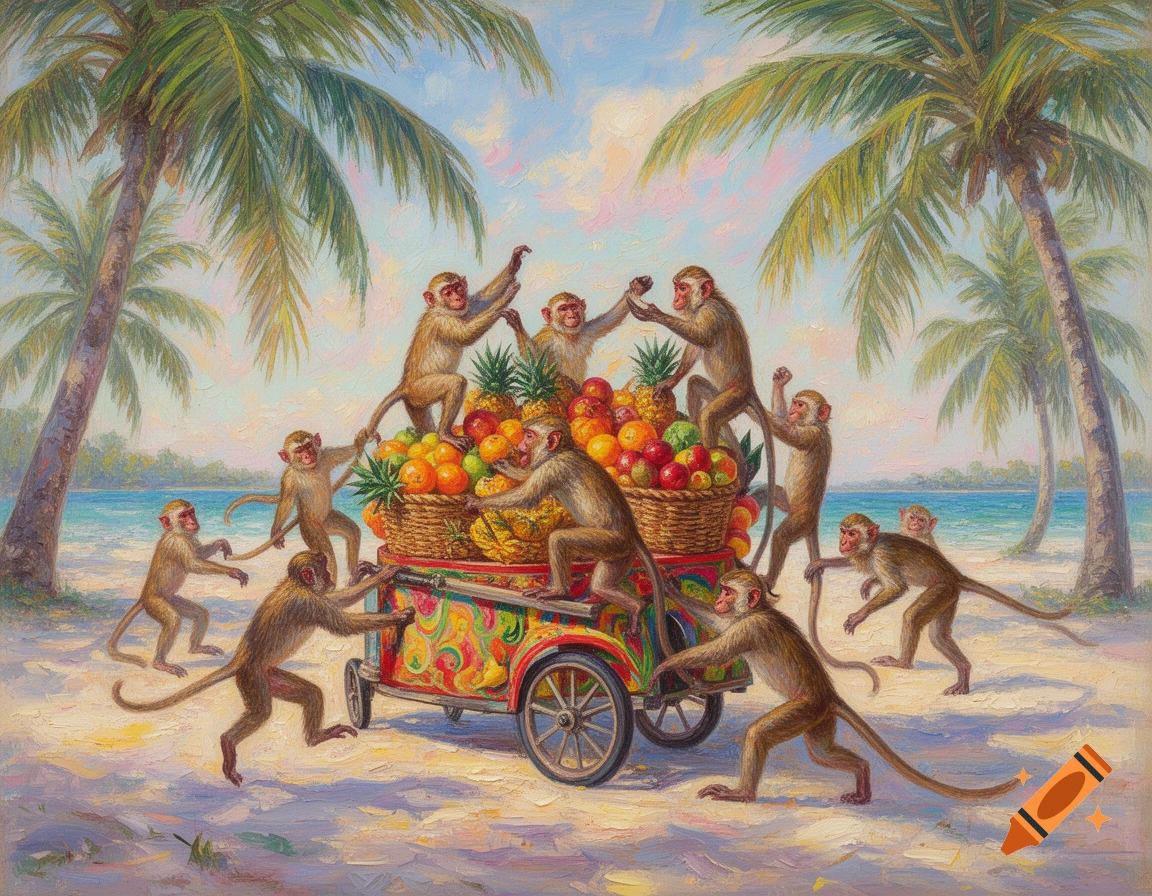 Impressionist oil painting of monkeys fighting around a colorful fruit cart on a tropical beach with palm trees.