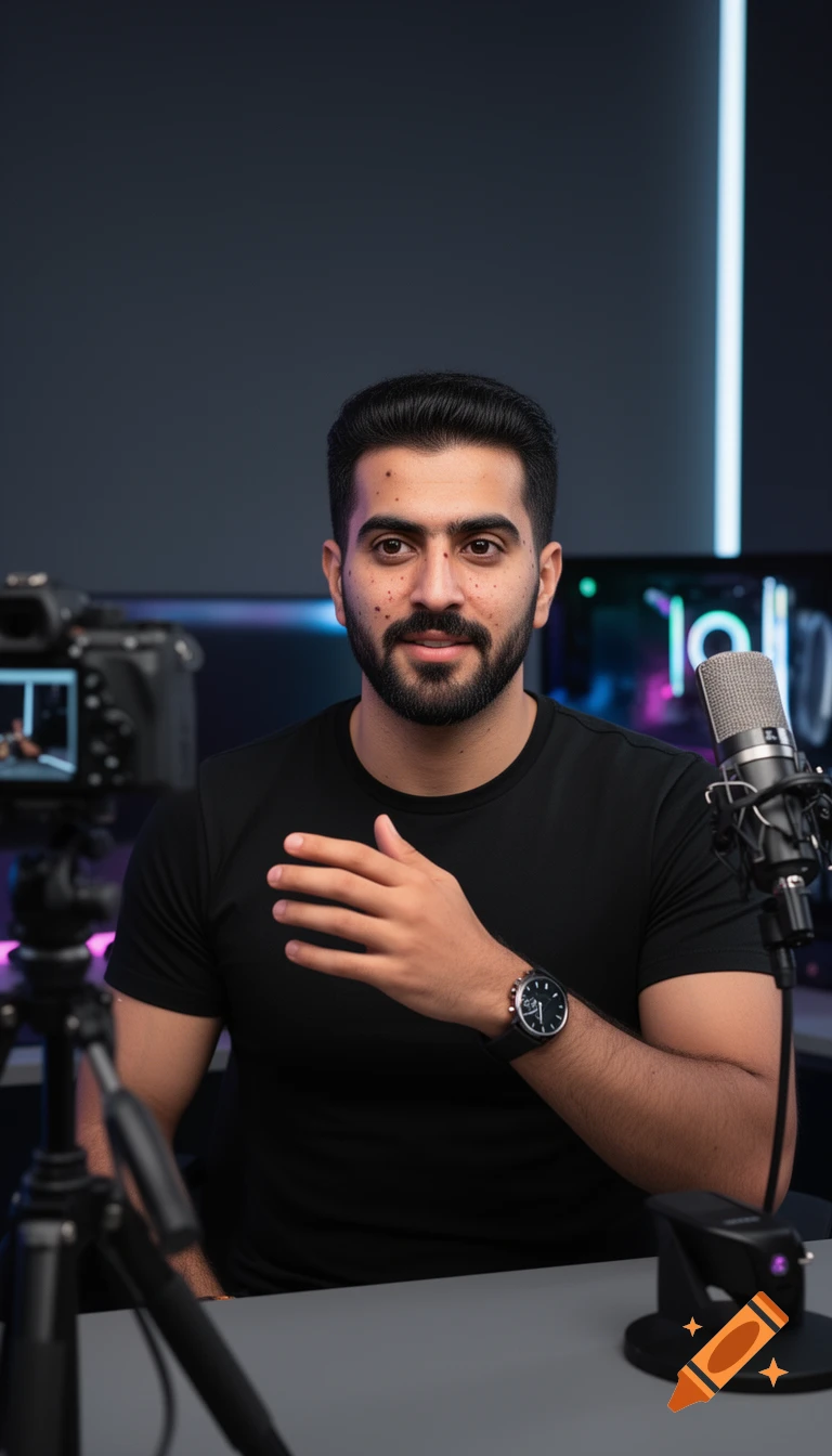 A confident Iranian man with a beard and black t-shirt gestures in a modern tech studio with a camera and microphone. Photorealistic.