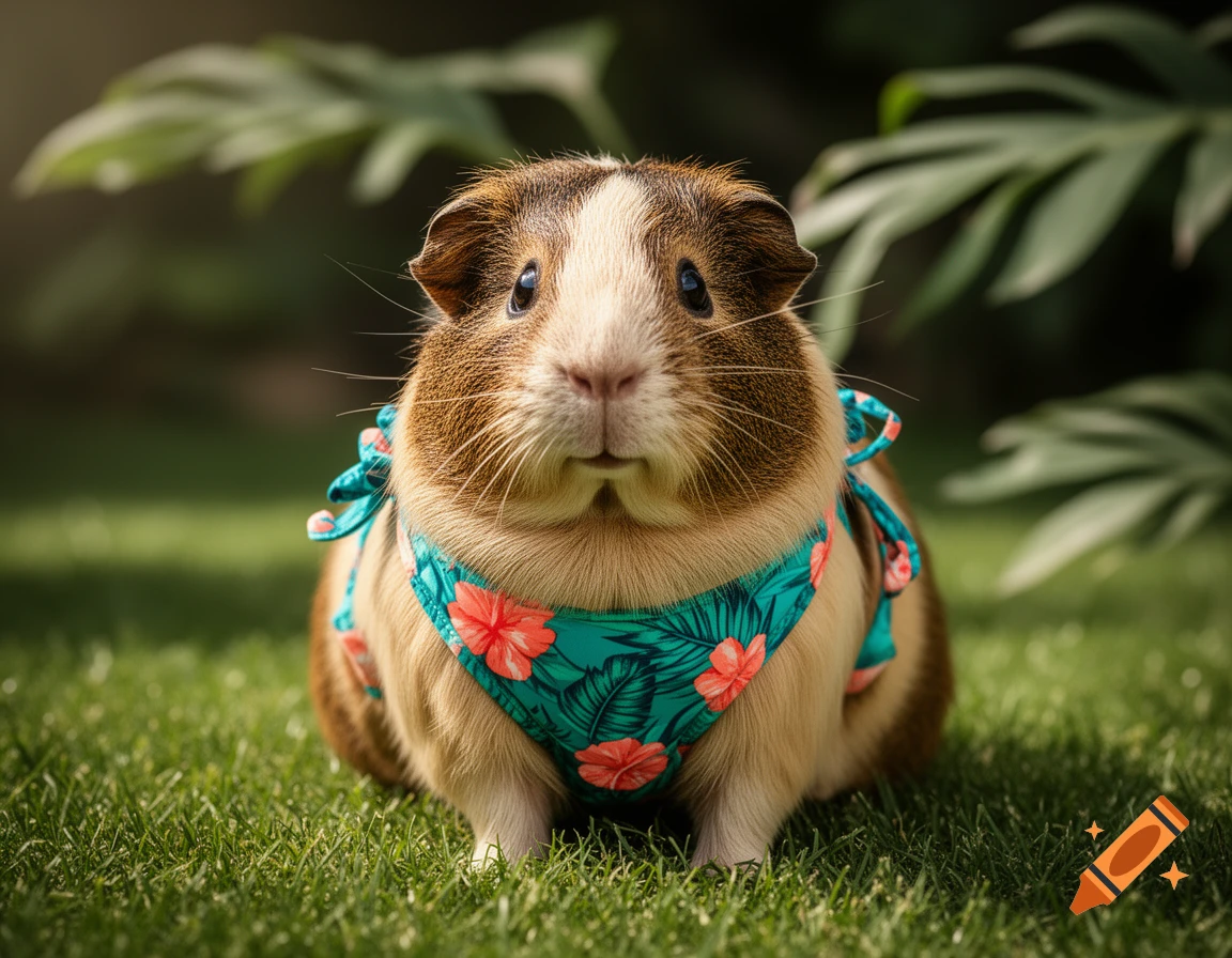 A cute guinea pig wearing a teal bikini with orange flowers sits in green grass with blurred leaves in the background. Photorealistic style.