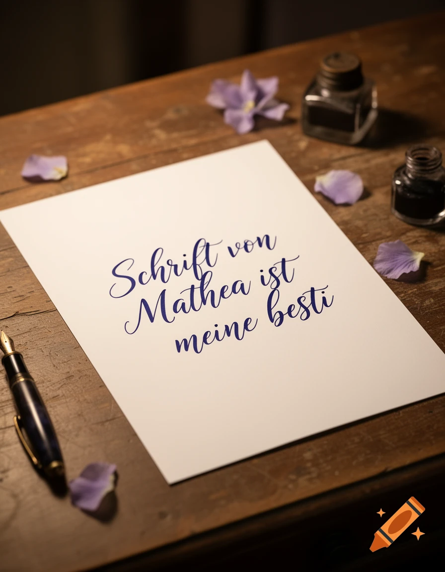Elegant blue script on a white paper, displayed on a rustic wooden desk with a fountain pen, ink bottles, and purple flower petals.