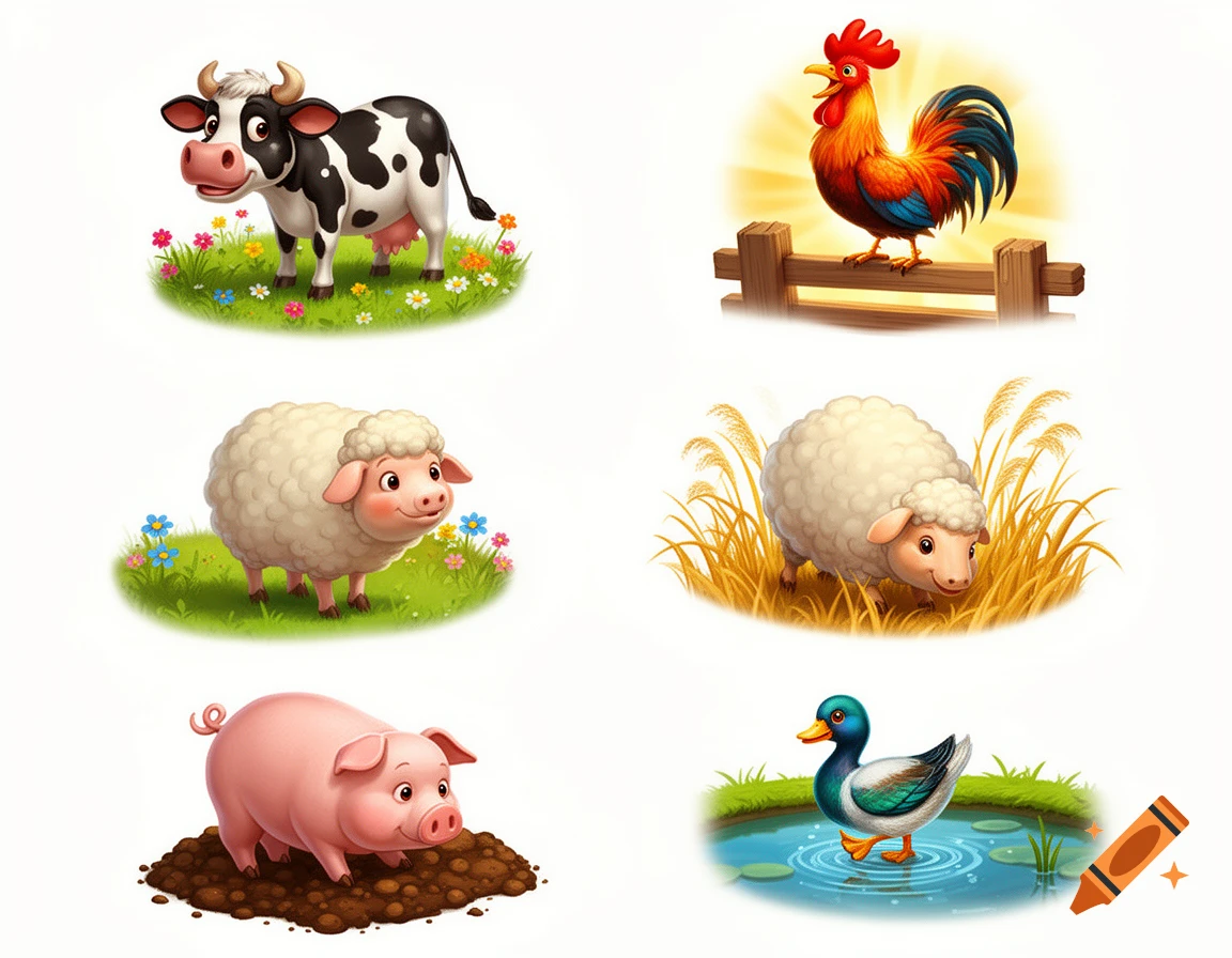 Cartoon illustration of six farm animals: a cow, a rooster, two sheep, a pig, and a duck.