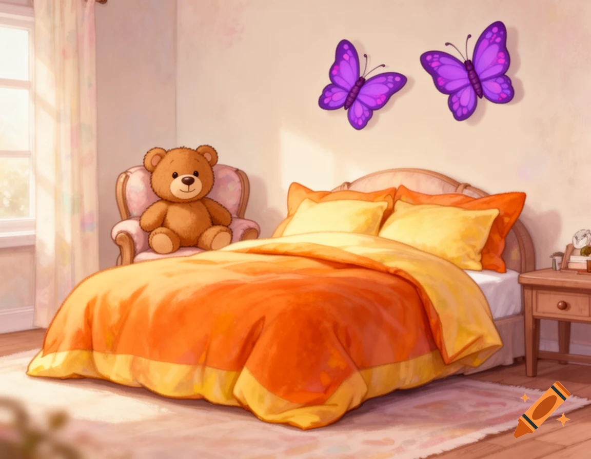 A warm cartoon bedroom with an orange and yellow bed, a teddy bear on a chair, and two purple butterflies on the wall.