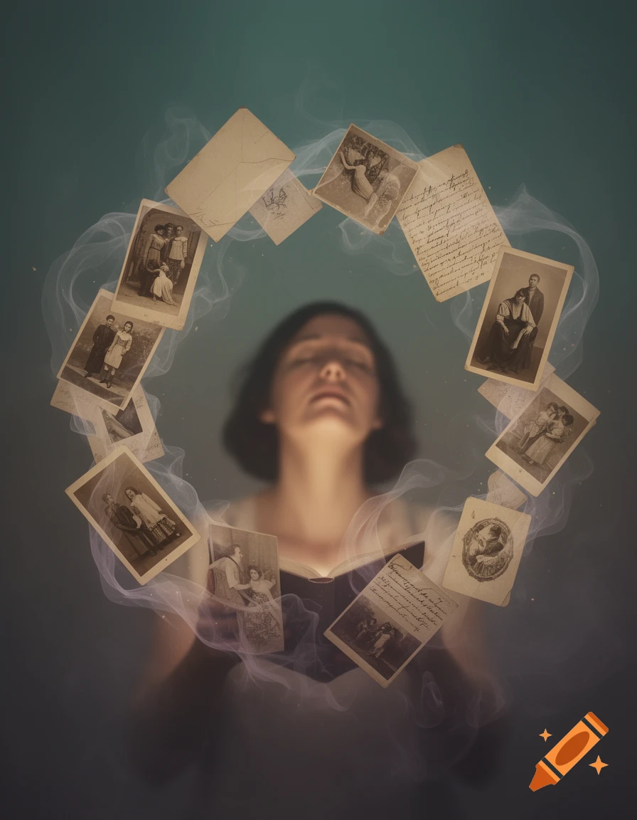 A surreal portrait of a person with closed eyes and glowing chest, surrounded by floating vintage photographs and handwritten letters against a teal and dark background.