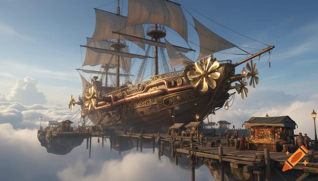 A large, ornate steampunk airship docked at a floating trading port in a cloudy sky.
