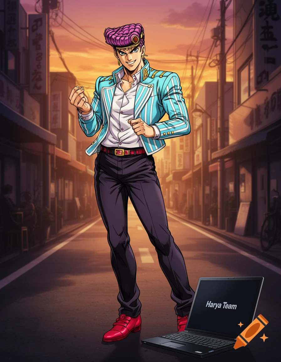 An anime illustration of Josuke Higashikata in his blue striped jacket and purple hair, confidently posing on an urban Japanese street at sunset, with a laptop showing "Harya Team" at his feet.