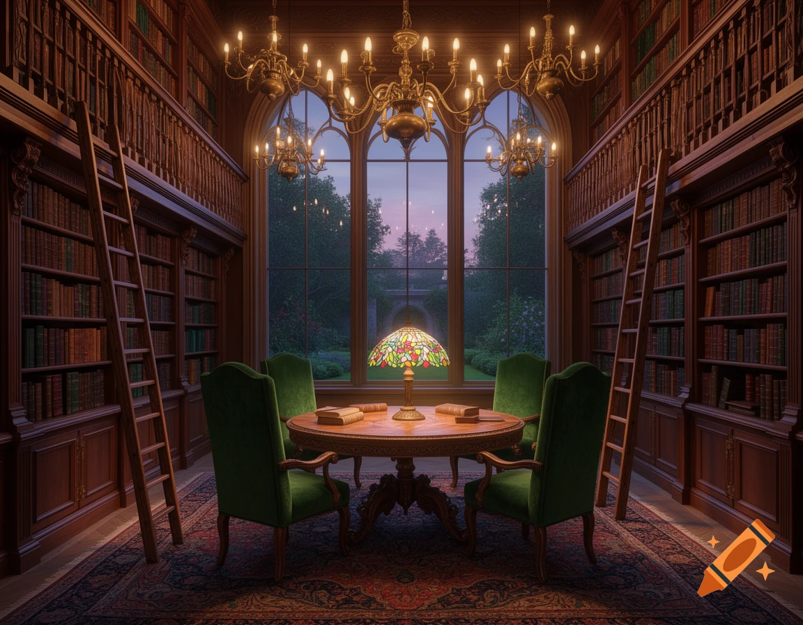A grand, ornate library at dusk with tall wooden bookshelves, ladders, a round table with green chairs, and a glowing Tiffany lamp.