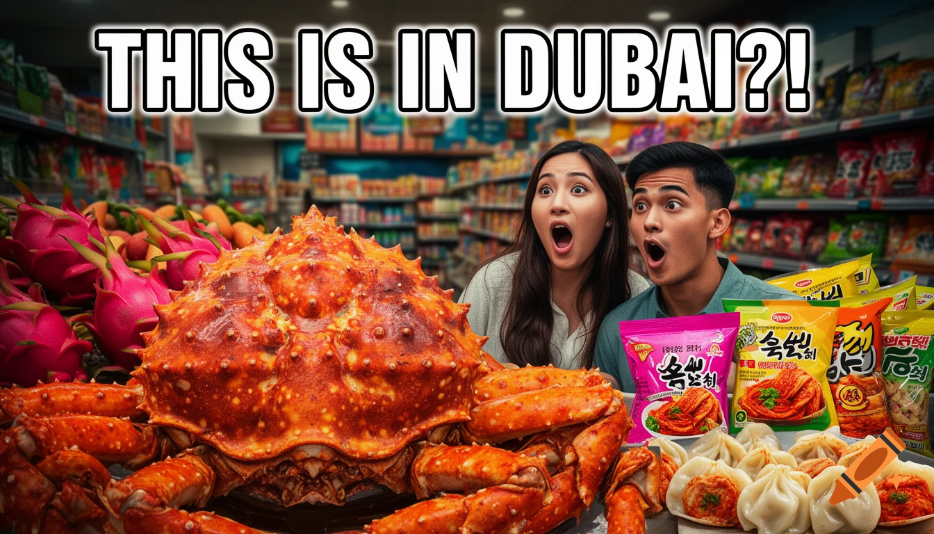 A hyper-realistic YouTube thumbnail showing a shocked couple in a vibrant Asian supermarket. A giant king crab is in the foreground, alongside red dragon fruits, colorful Korean snacks with garbled text, and kimchi dumplings. Large text overlay reads "THIS IS IN DUBAI?!"
