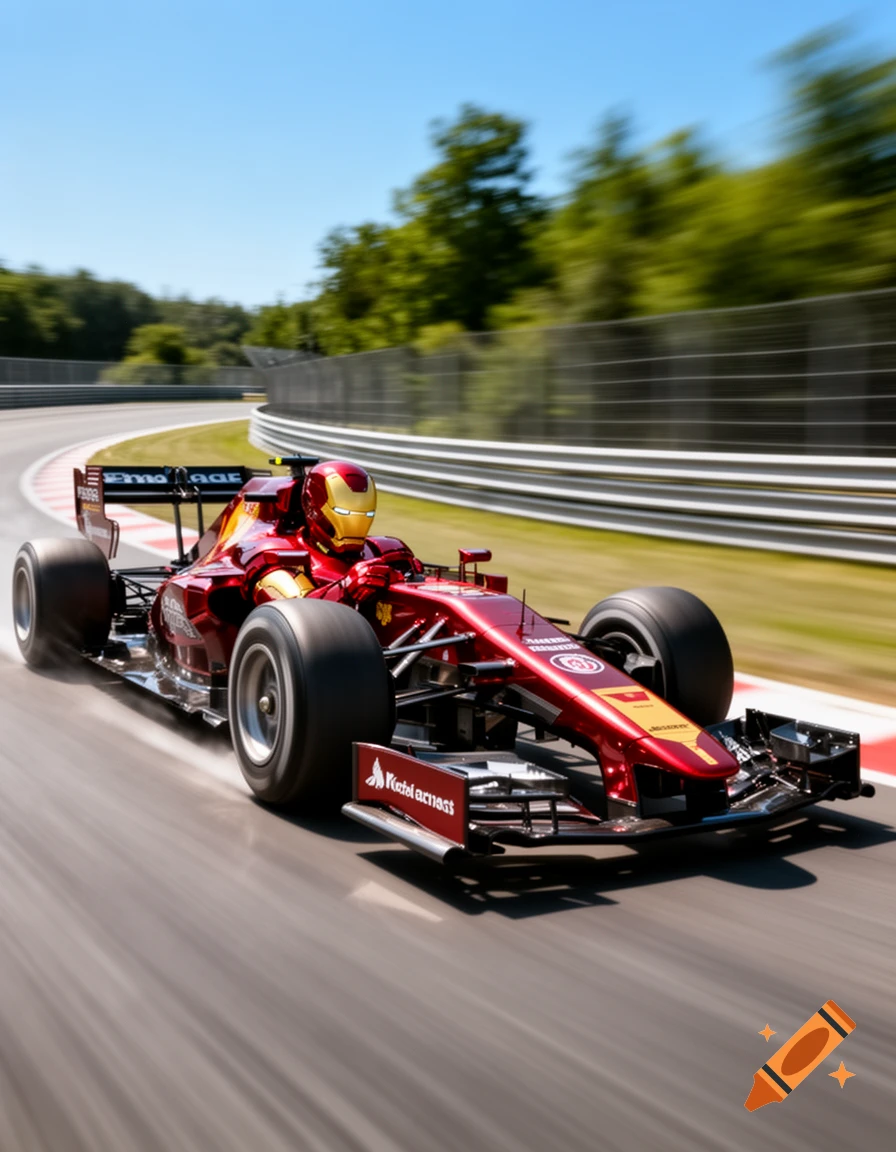 Iron Man drives a red Formula 1 race car on a sunny track with motion blur, passing green trees.
