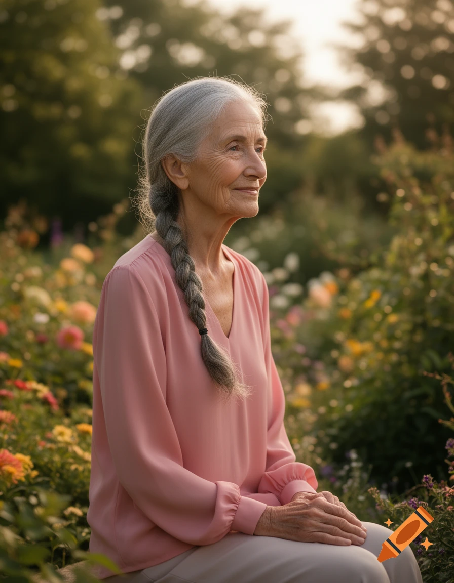 An elderly woman with a gray braid sits in a vibrant garden, looking to the side with a gentle smile.