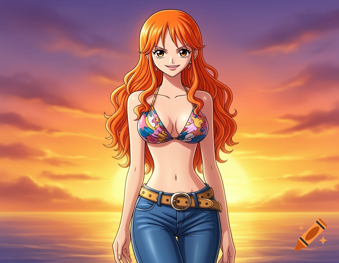 An anime woman with long orange hair, wearing a floral bikini top and blue jeans, stands smiling against a vibrant sunset over the ocean.