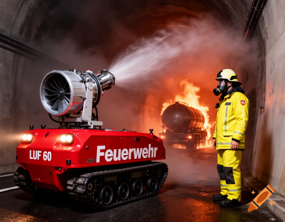 A red tracked firefighting robot sprays water near a firefighter, with a burning fuel truck in a tunnel background.