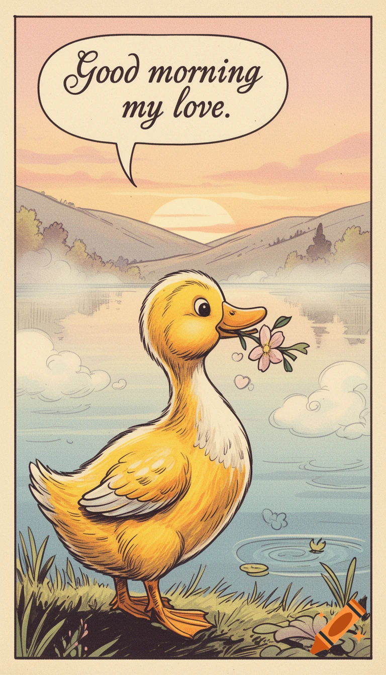 A yellow duck with a pink flower in its beak by a lake at sunrise, with a speech bubble reading "Good morning my love", in a vintage comic style.