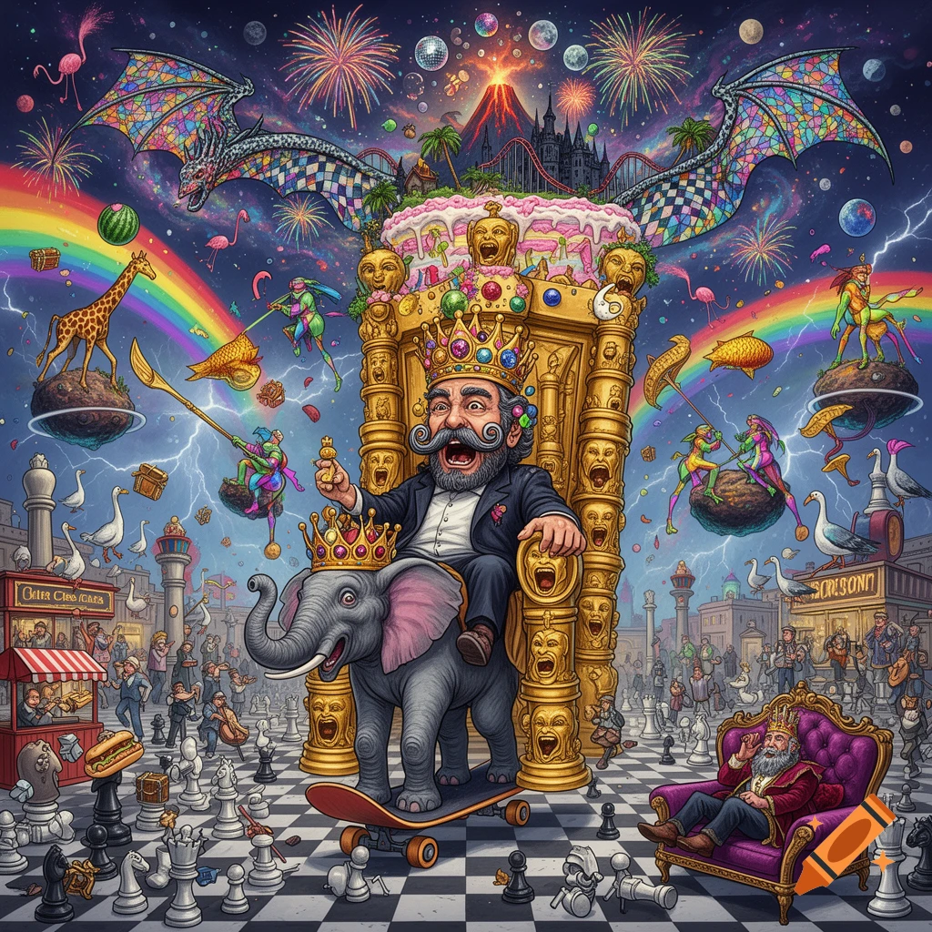 A psychedelic, unhinged scene featuring a cosmic emperor on a golden throne atop an elephant-skateboard hybrid, surrounded by flying dragons, fireworks, chess pieces engaging in absurd activities, and a backdrop of surreal landscapes and celestial bodies.