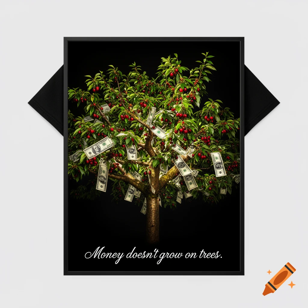 Photorealistic fine art print of a cherry tree with US dollar bills on its branches, against a dark background, with the text 'Money doesn't grow on trees.' below.