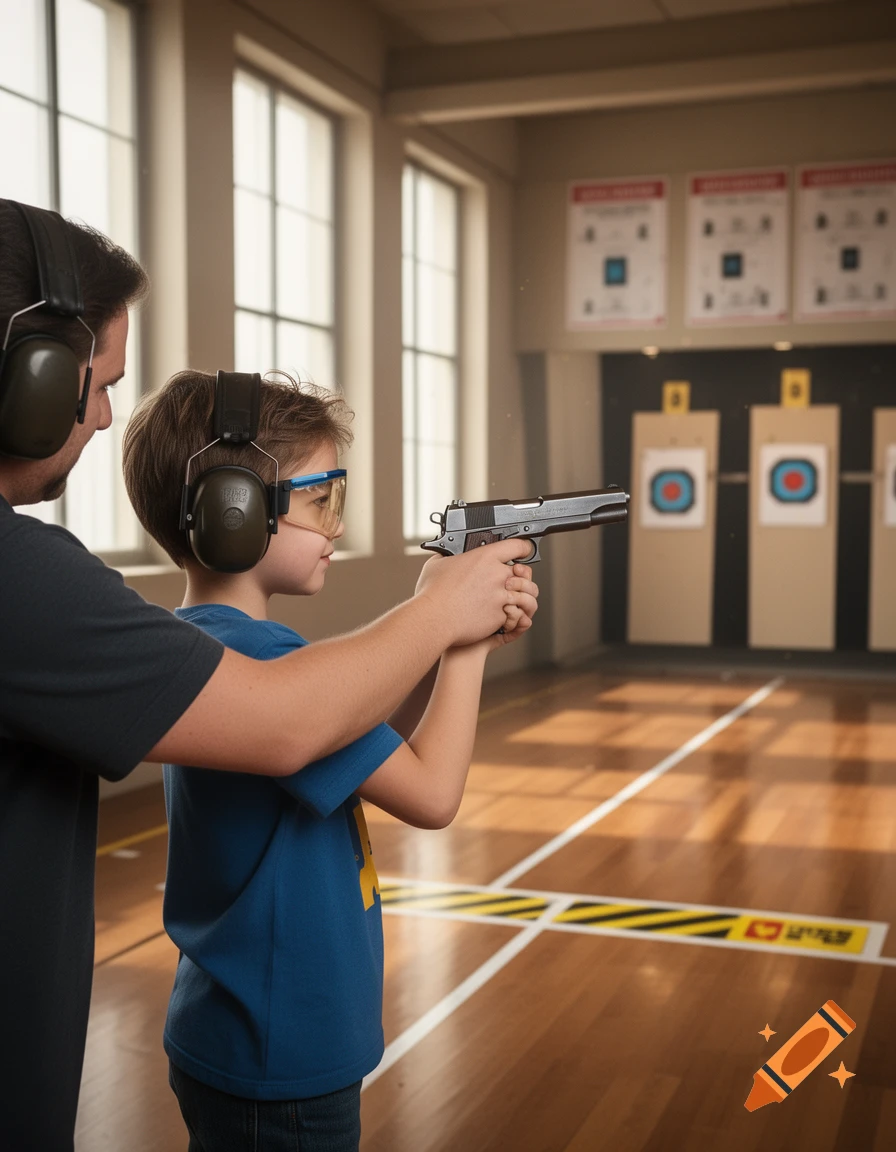 A man helps a young boy in safety gear aim a pistol at targets in a bright indoor shooting range.