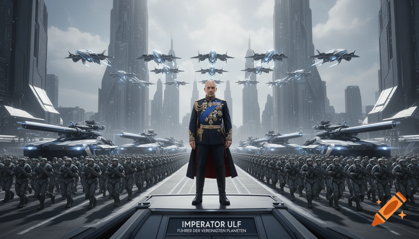 Photorealistic image of Imperator Ulf, a man in a military uniform, saluting a parade of futuristic troops, tanks, and aircraft in a sci-fi city.