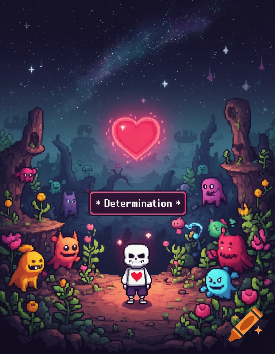 A pixel art scene of Sans from Undertale, standing among colorful monsters and flowers under a starry night sky with a glowing red heart and the word "Determination" in a speech bubble.