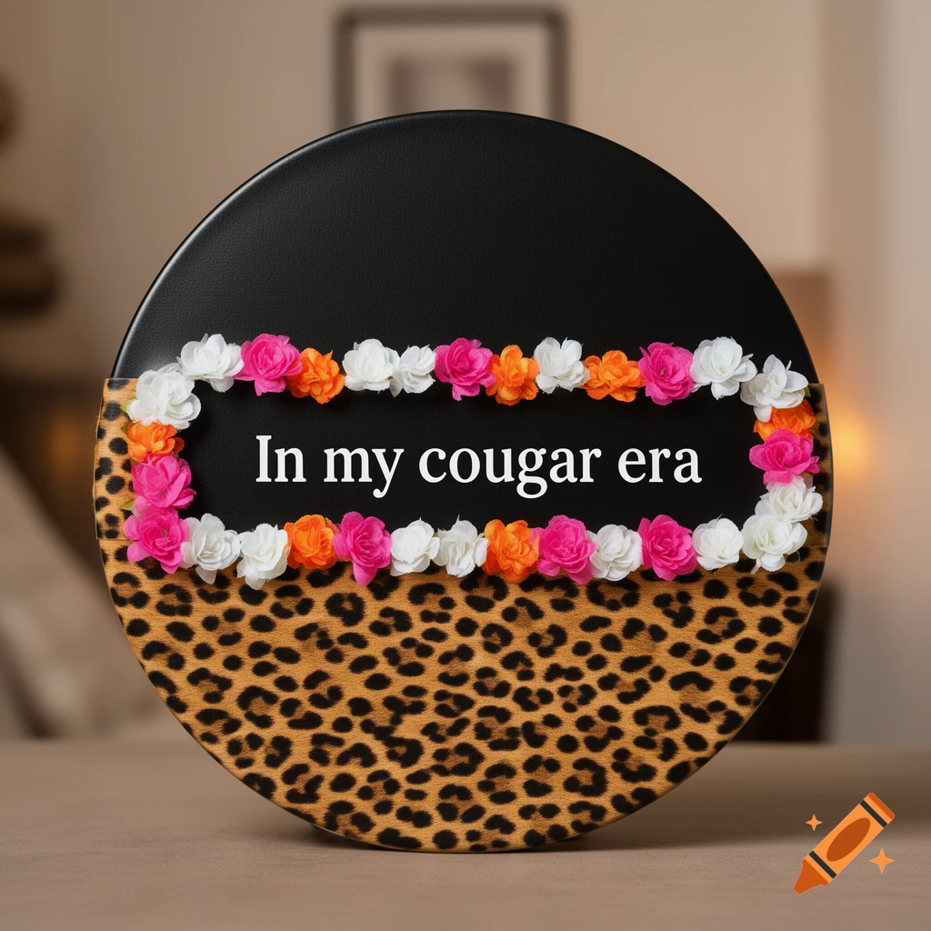 A round sign featuring leopard print on the bottom, black on top, adorned with pink, orange, and white flowers, and the text 'In my cougar era'.
