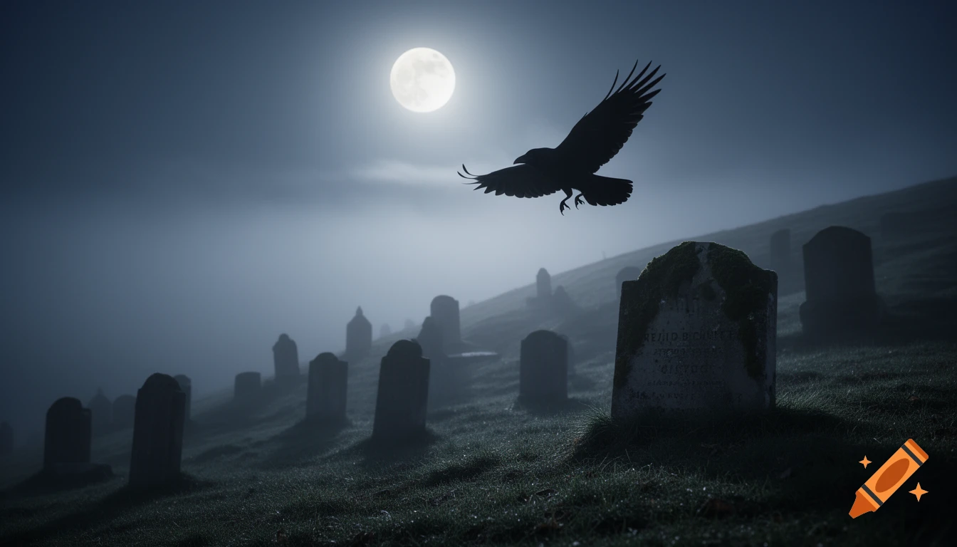 A silhouetted crow flies over a foggy cemetery on a hill, illuminated by a full moon in the dark night.