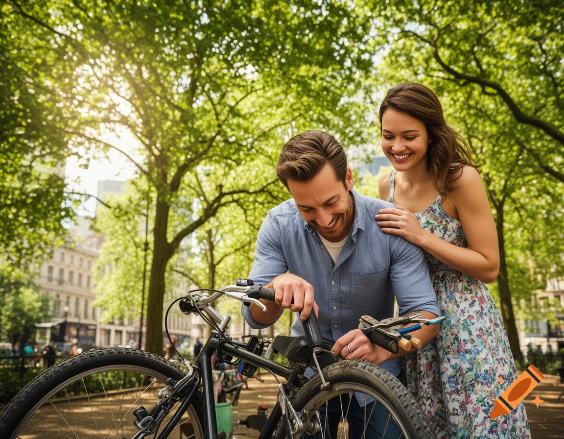 A smiling couple in a sunny park, with the man fixing a bicycle while the woman watches.