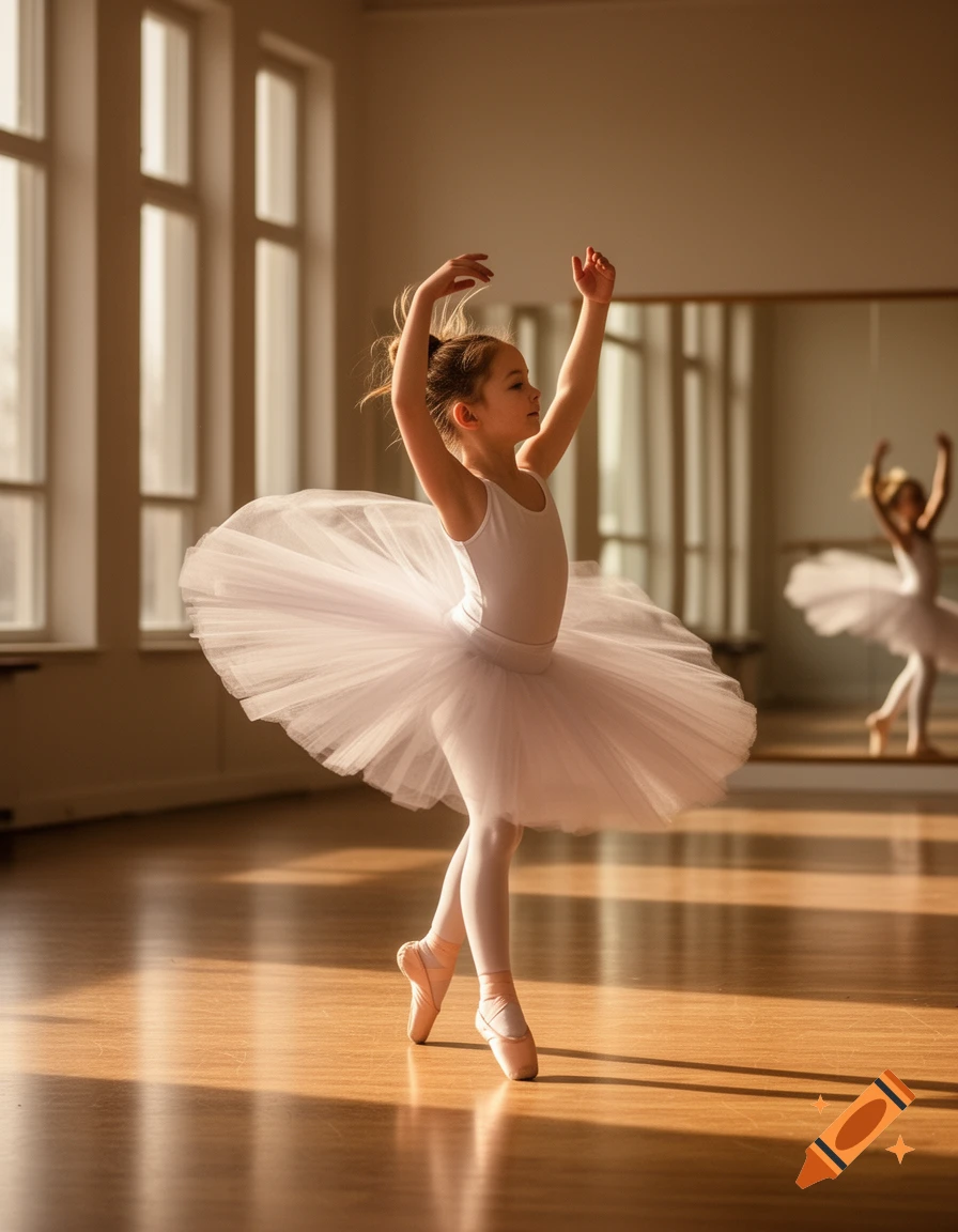 A young girl in a white tutu and pointe shoes practices ballet in a sunlit studio.