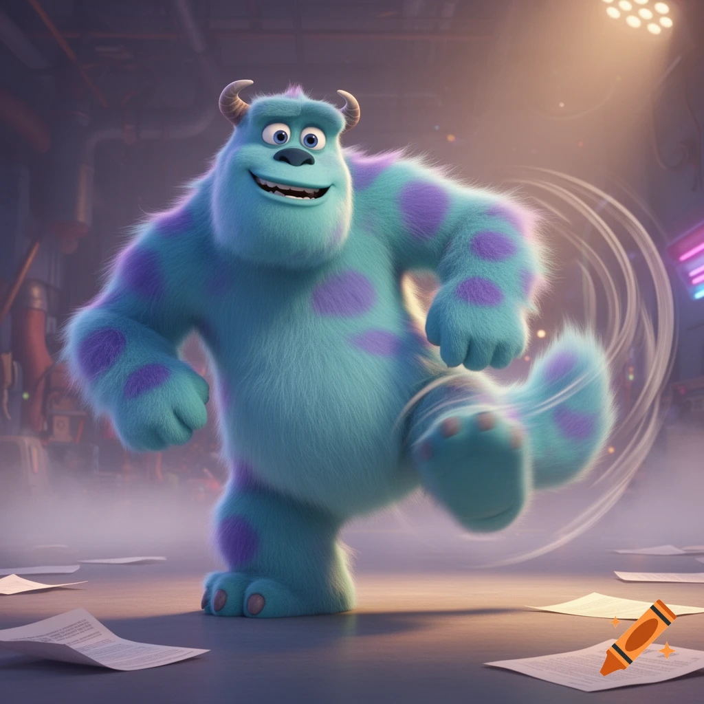 Sulley, the blue furry monster with purple spots and horns, dances with a joyful expression, one leg raised, in a dimly lit room with papers scattered on the floor.