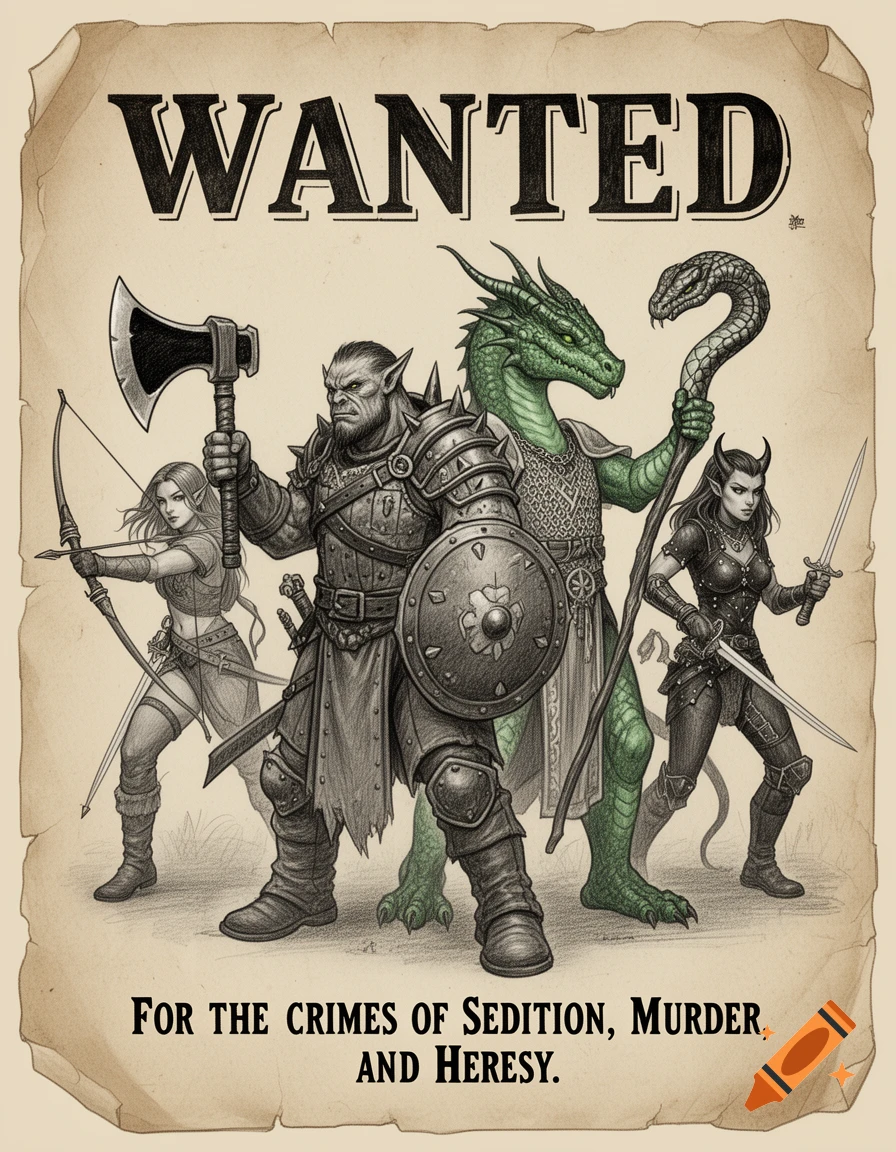 A pencil drawing of a 'Wanted' poster for four D&D fantasy characters: a half-orc, dragonborn, half-elf, and tiefling, accused of sedition, murder, and heresy.