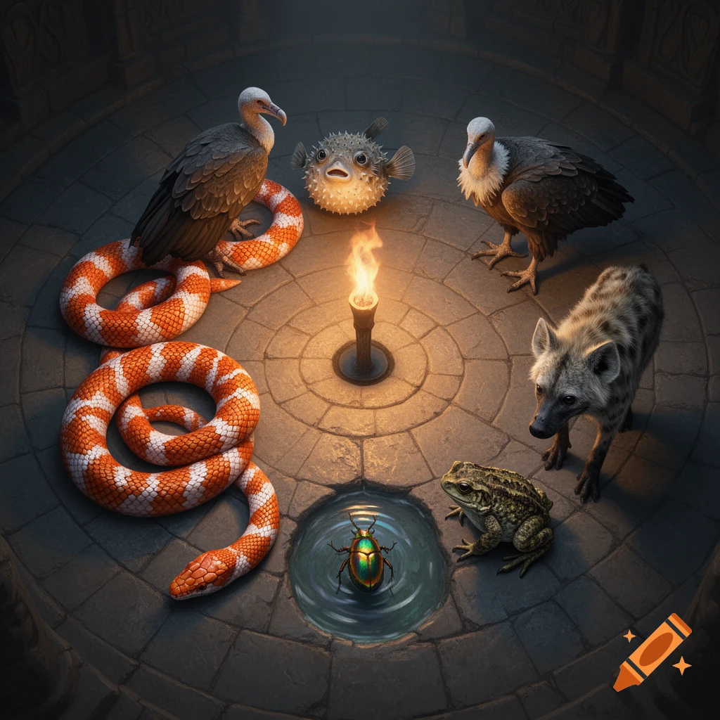 Diverse animals: a striped snake, vultures, pufferfish, beetle, toad, and hyena, gathered in a circle around a torch in a mysterious stone chamber.