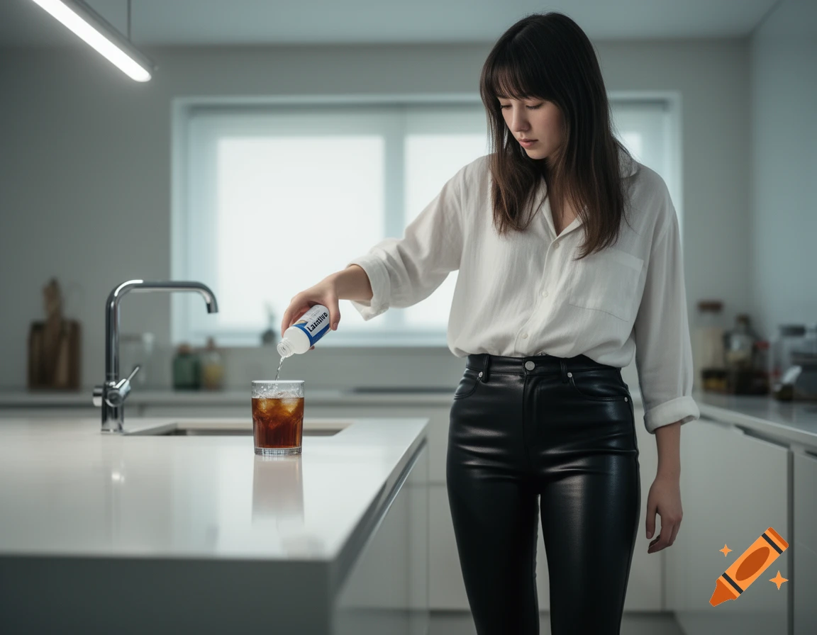 A young woman in a white shirt and black leather pants pouring liquid from a bottle labeled 'Laxative' into a glass in a modern kitchen.