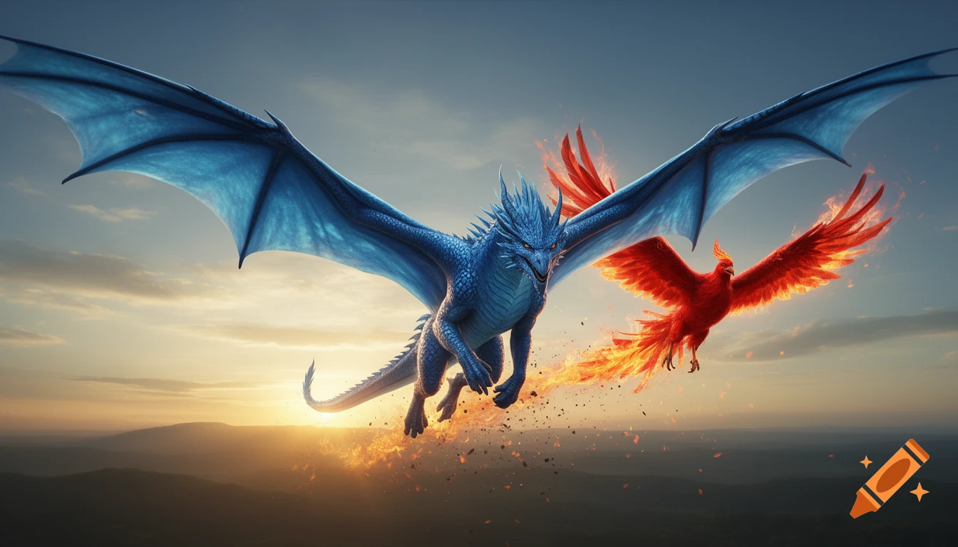 A photorealistic blue dragon flies above a fiery red phoenix during sunset, over a mountainous landscape.