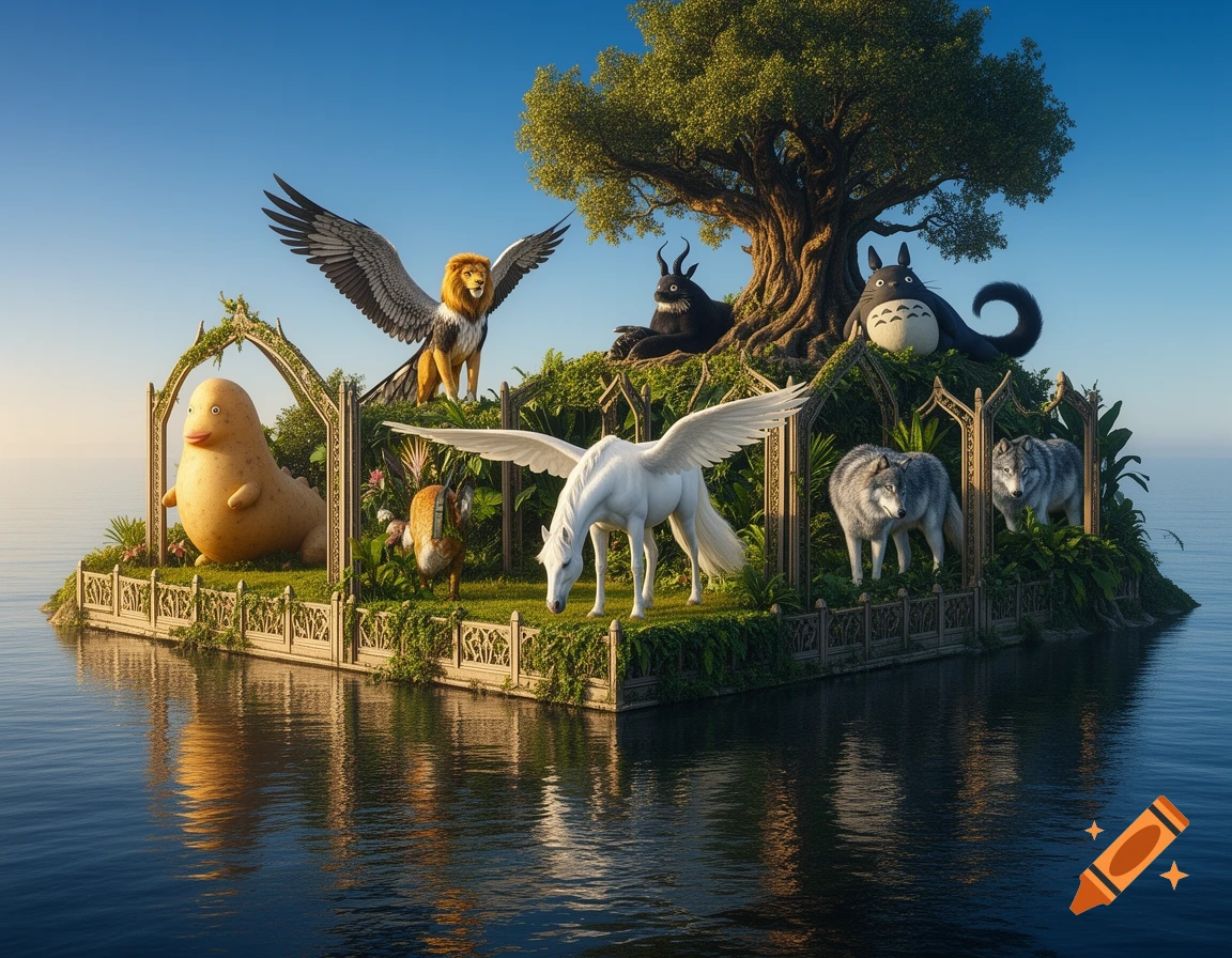 A detailed fantasy island on water with a griffin, pegasus, wolves, a potato-dinosaur, and a dark Totoro-like creature under a clear sky.