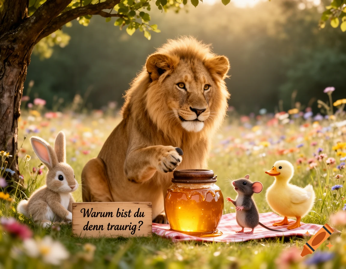 A friendly lion, rabbit, mouse, and duckling have a honey picnic in a sunny, flower-filled meadow, with a sign asking 'Why are you sad?'.