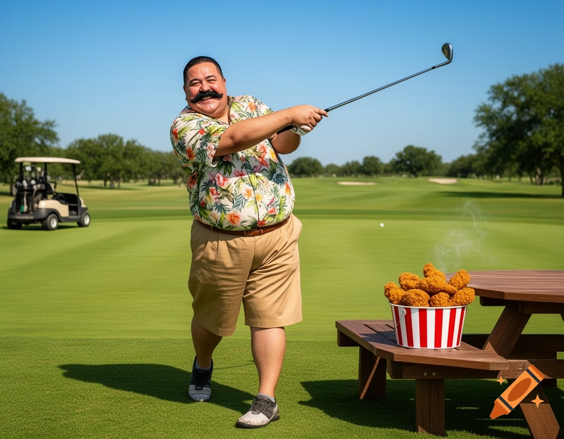 A man with a large mustache in a floral shirt swings a golf club on a green course, next to a picnic table with a bucket of fried chicken. Photorealistic.