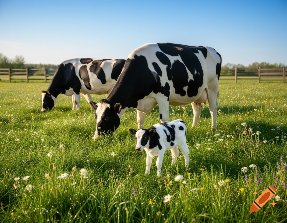 Two black and white cows and a calf graze in a sunny green field with wildflowers under a clear blue sky.