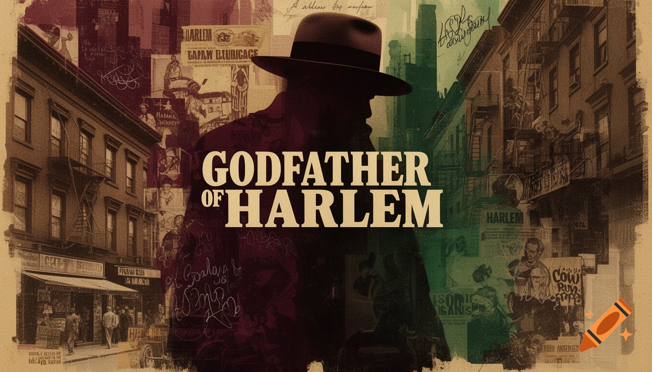 Collage art featuring a silhouetted man in a fedora against a backdrop of sepia-toned city buildings, old advertisements, and handwritten script, with "GODFATHER OF HARLEM" prominently displayed.