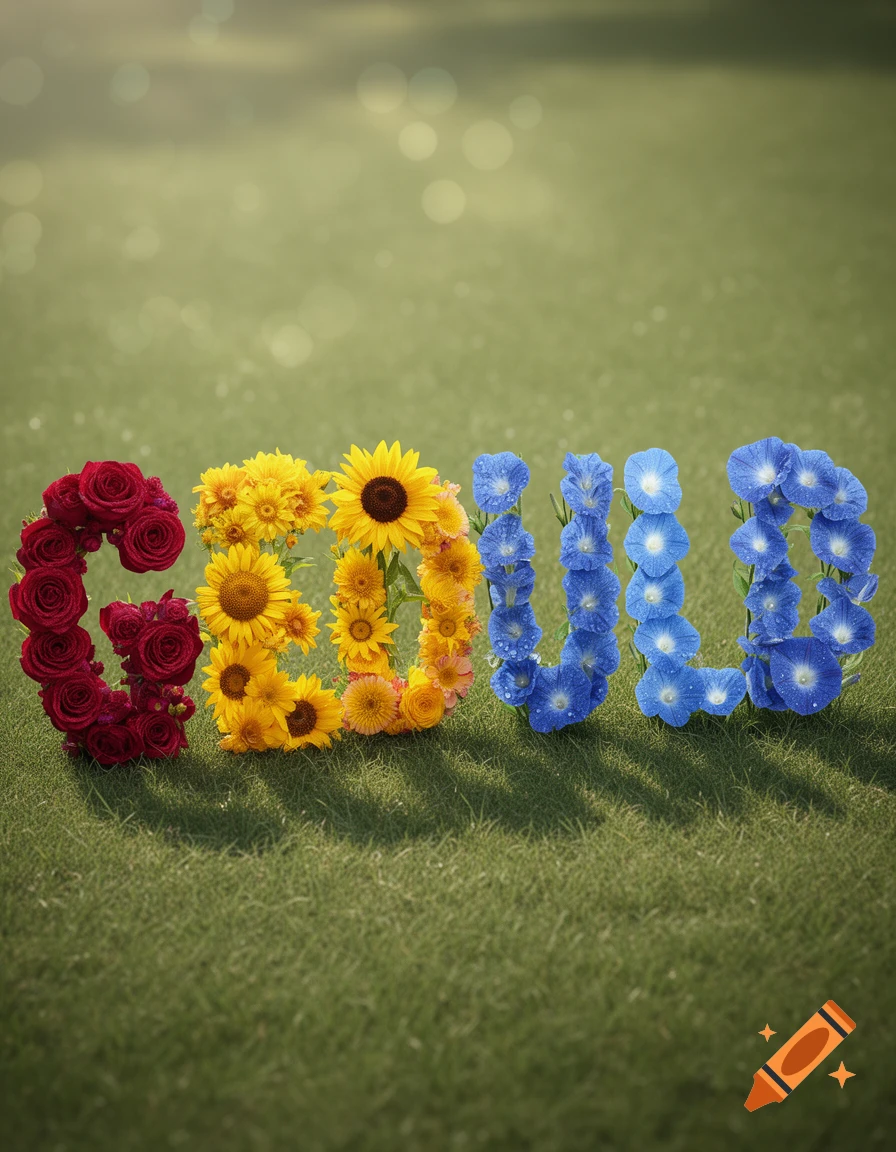 The word GEDULD formed by red roses, yellow sunflowers, and blue morning glories on green grass.