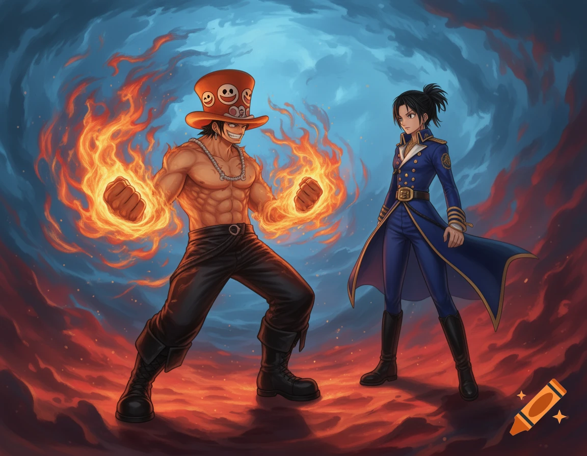 Anime character Portgas D. Ace with fire fists stands opposite Isuka in a blue uniform against a stormy sky.