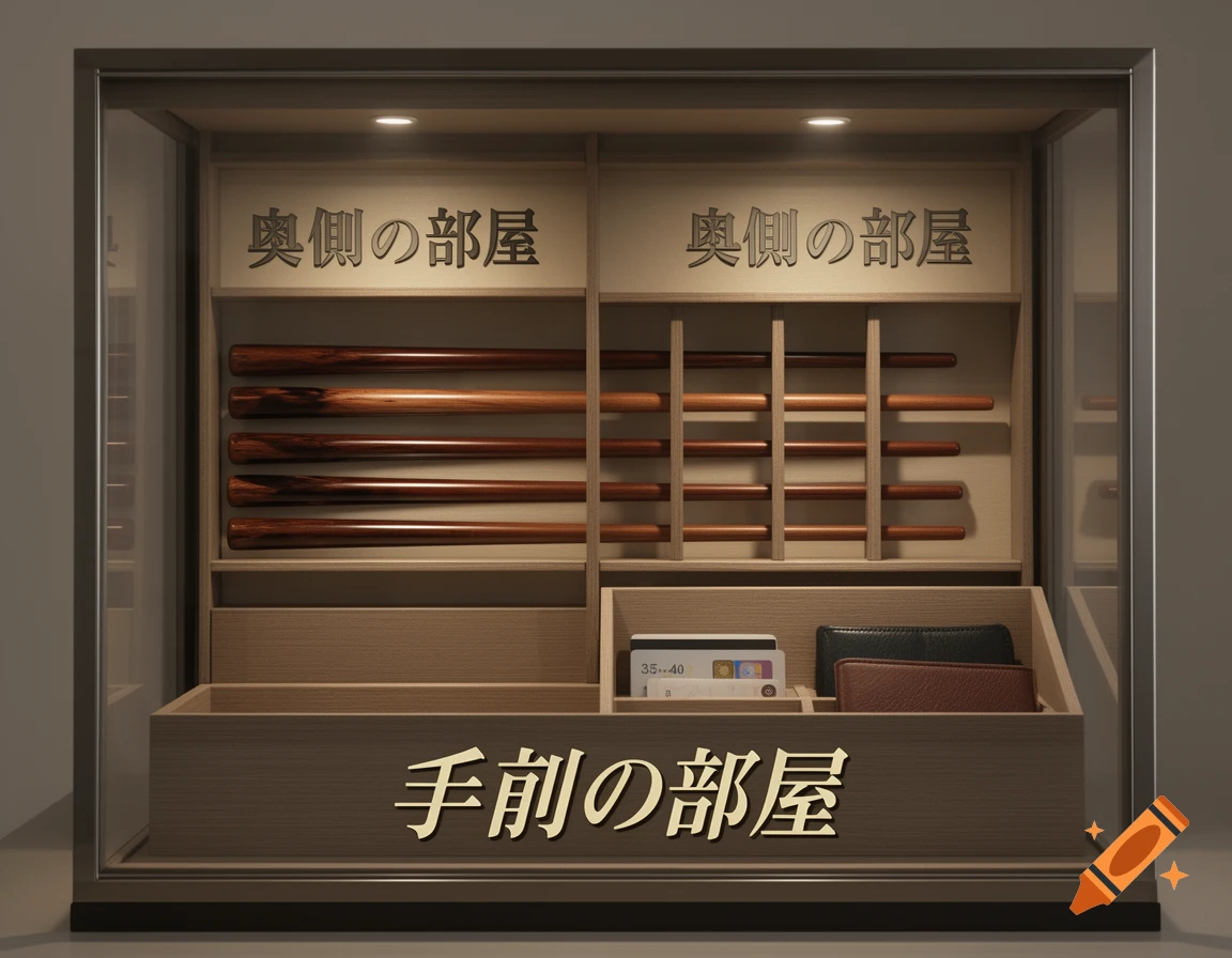 A wooden display case with a glass front, featuring compartments for wooden rods and personal items like cards and wallets. Japanese text is present.