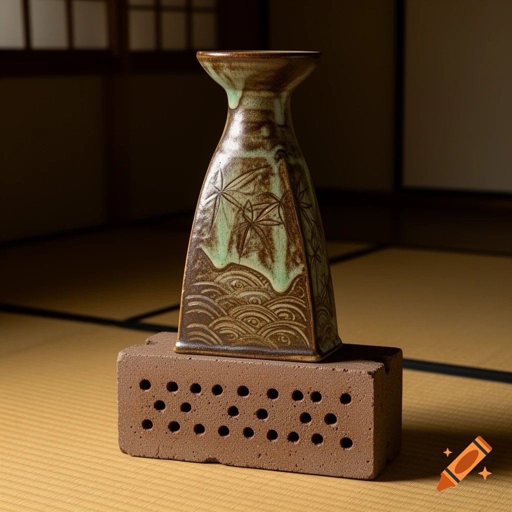 A patterned brown and green ceramic vase rests on a perforated reddish-brown brick in a Japanese room.