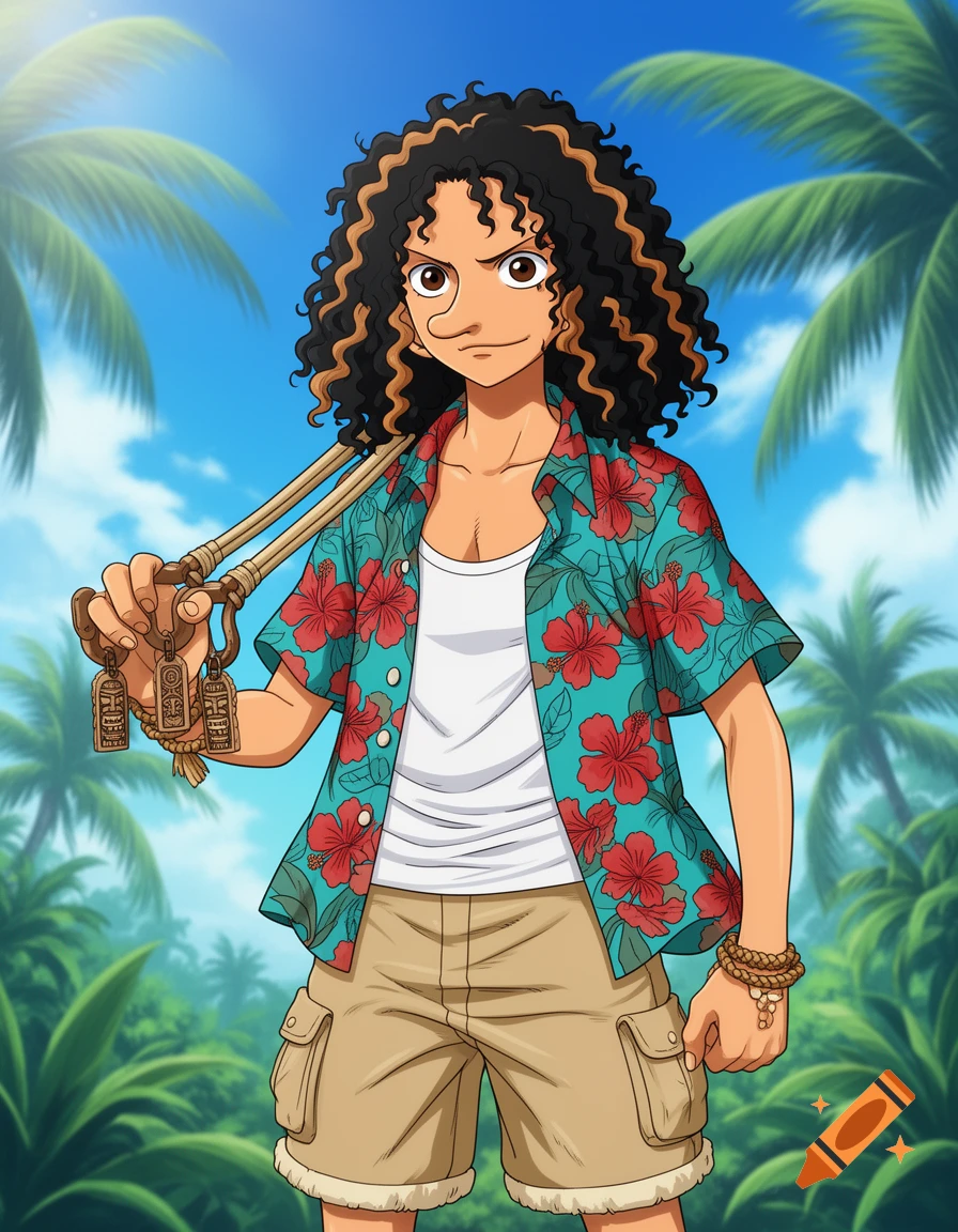 Anime character resembling Usopp with curly hair, wearing a Hawaiian shirt and cargo shorts, holding a slingshot with a tropical background.