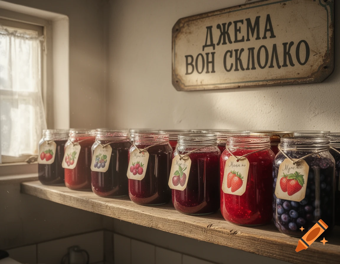Photorealistic image of glass jars of fruit preserves on a wooden shelf next to a window, with a sign in Cyrillic above.