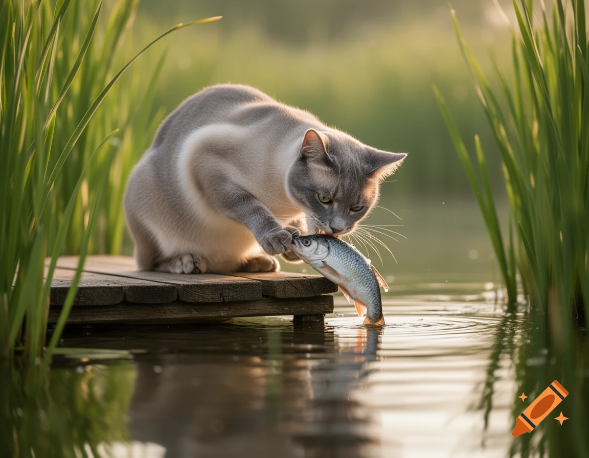 A photorealistic cat with grey and cream fur catches a fish from the water while standing on a wooden plank surrounded by reeds.