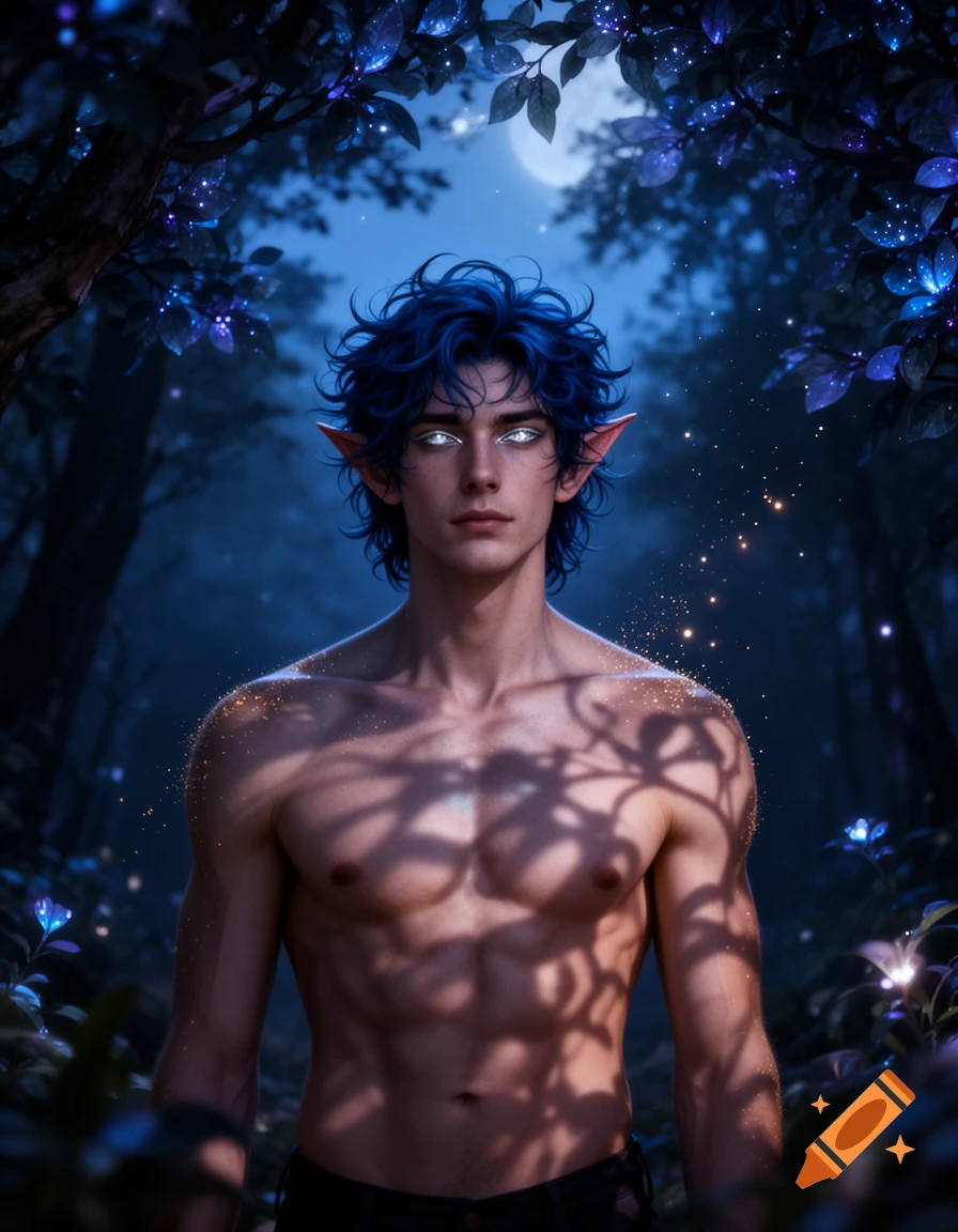 A bare-chested fae man with blue hair, glowing eyes, and pointed ears stands in a moonlit magical forest.