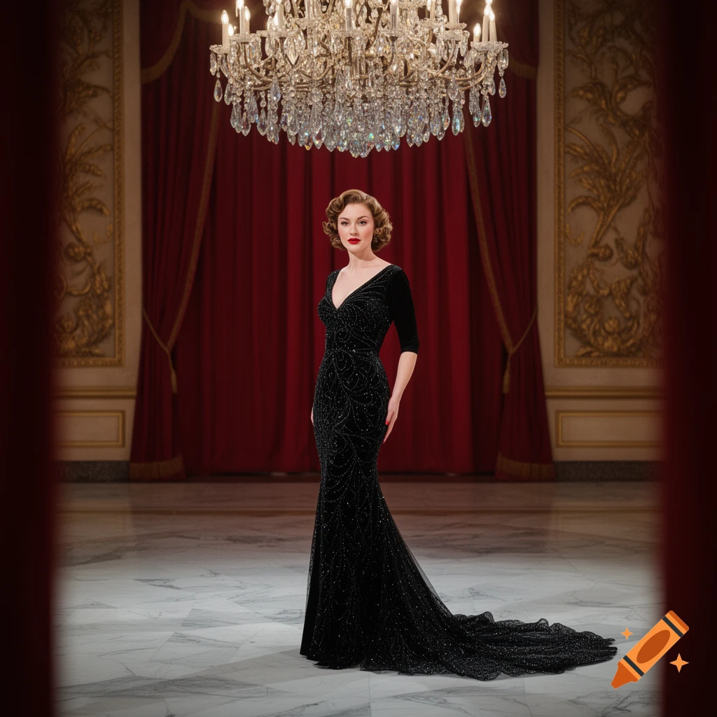 A woman in a long, sparkling black gown stands under a crystal chandelier in a grand ballroom.