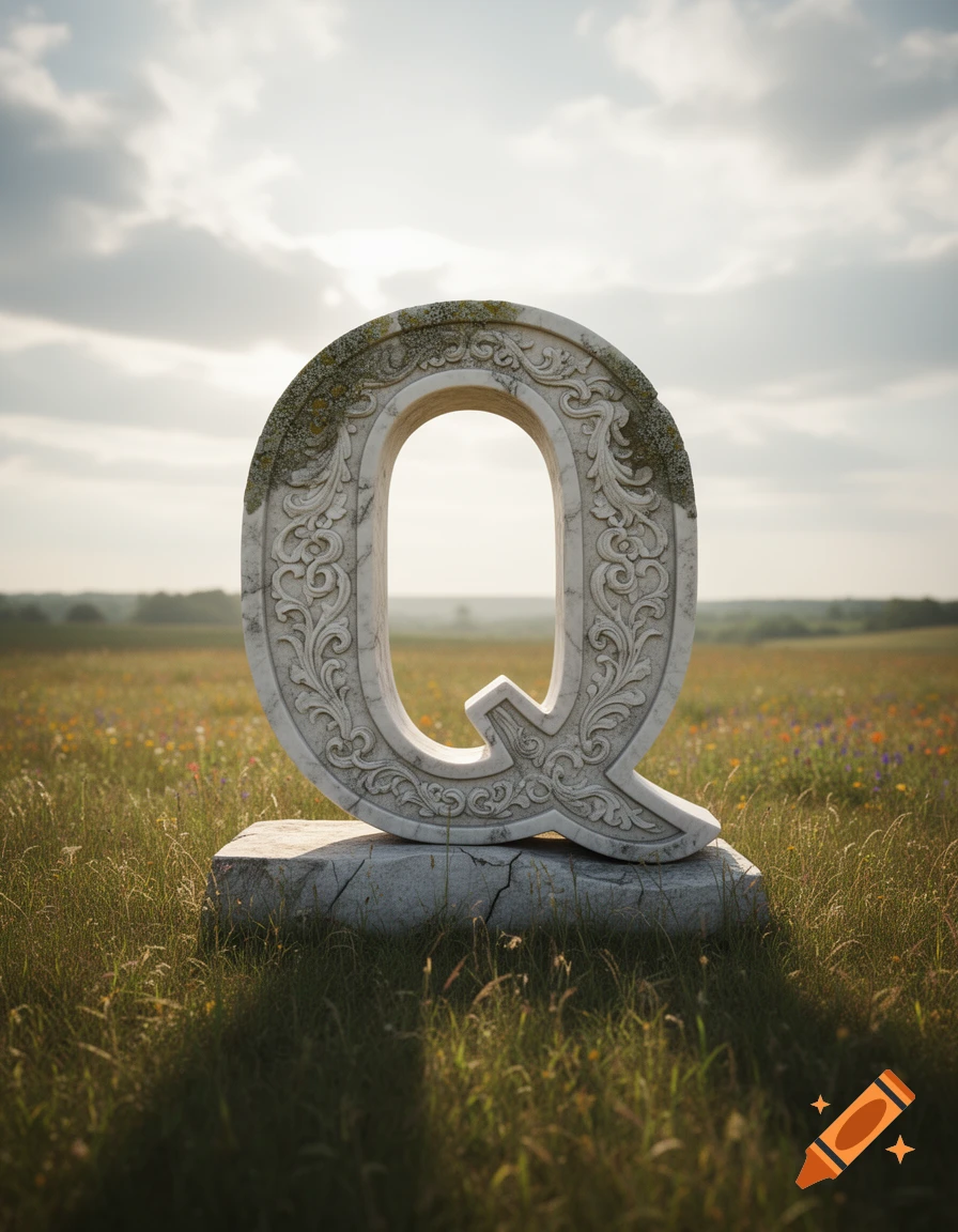 An ornate marble letter Q sits on a stone base in a sunny field with wildflowers under a cloudy sky.