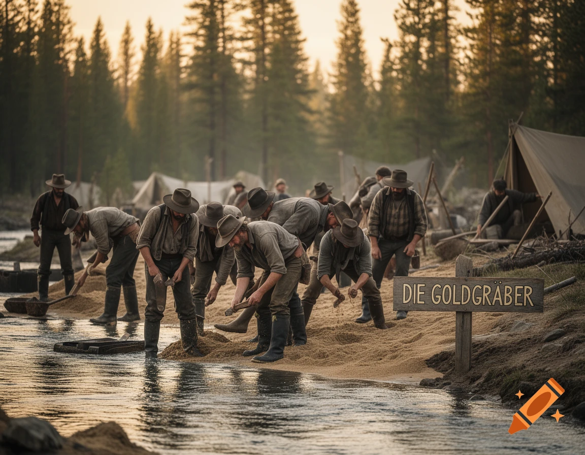 Photorealistic scene of gold prospectors panning for gold in a river by a forest, with tents in the background.