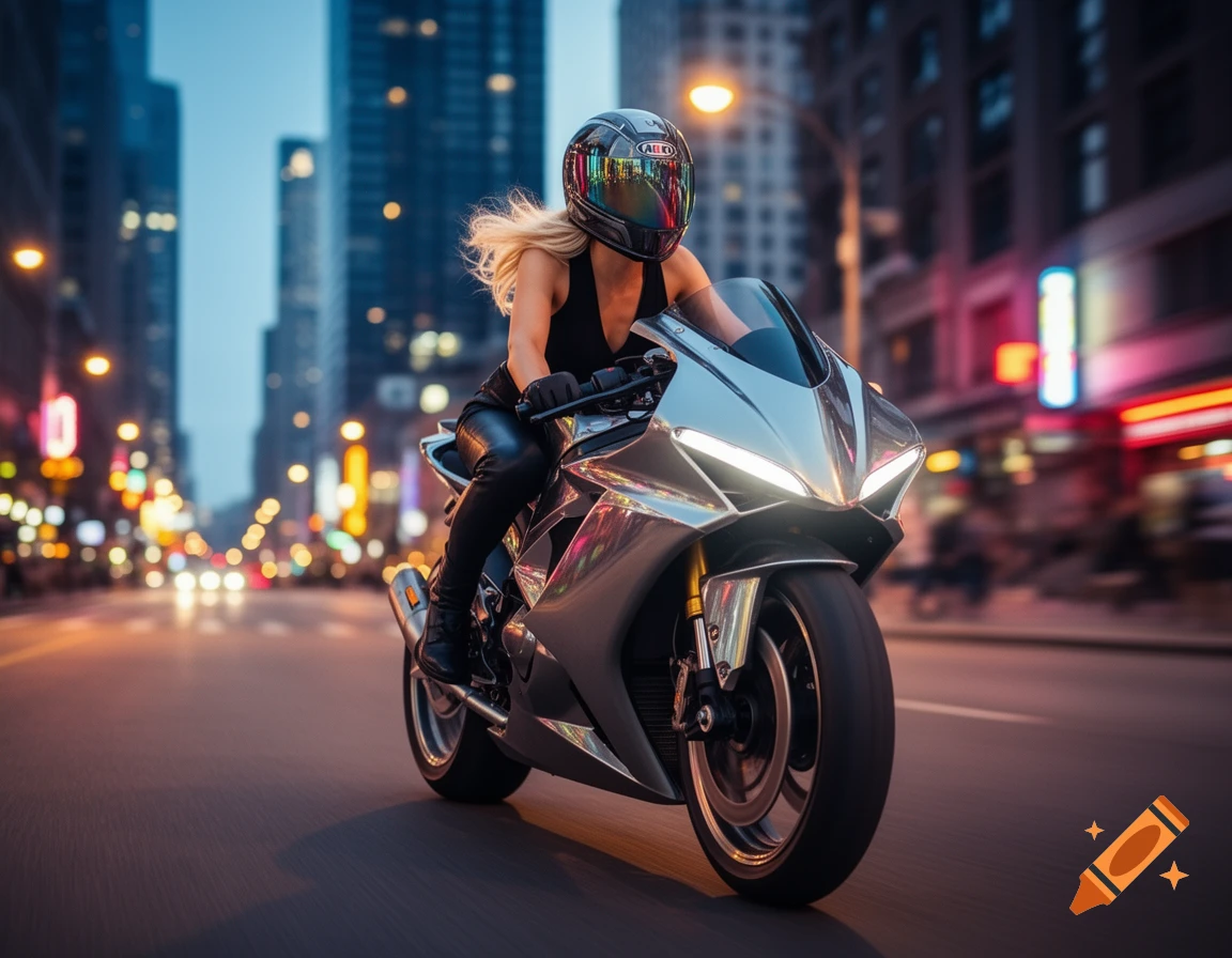 A blonde woman in a helmet and black outfit rides a sleek silver motorcycle down a city street at dusk, with blurred lights in the background.