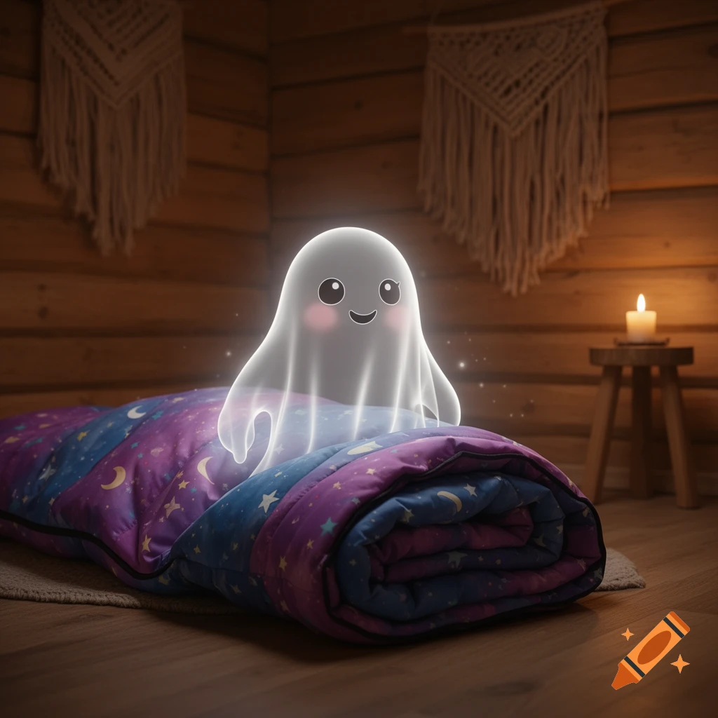 A cute, glowing white cartoon ghost sits on a colorful sleeping bag in a dimly lit, cozy wooden room with a candle.