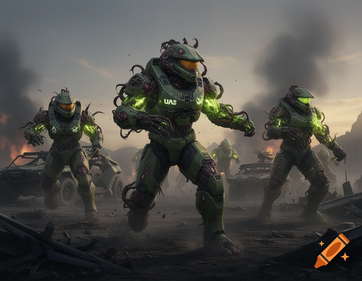 Flood-infected Spartans with glowing green tendrils march through a smoky, war-torn landscape with destroyed vehicles.