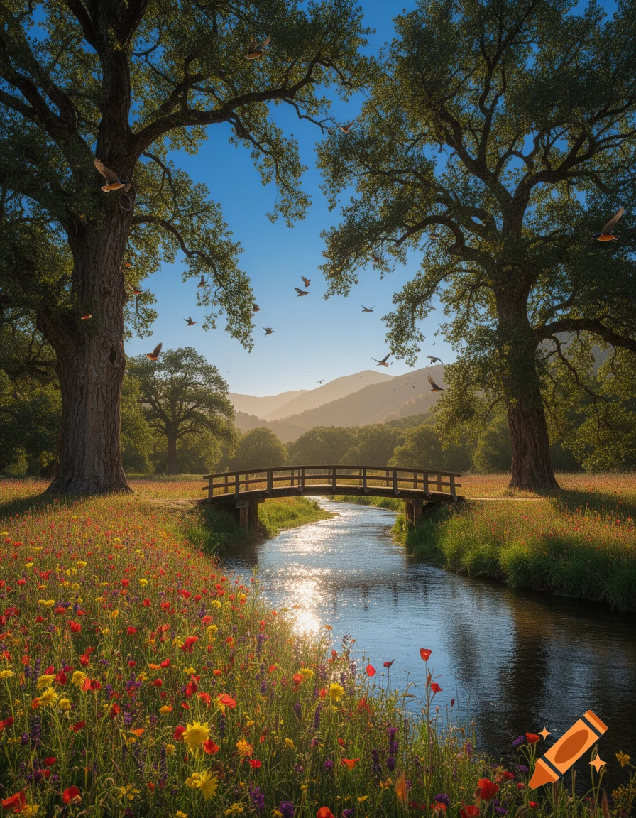 A sunlit river flows under a wooden bridge between two large trees, surrounded by vibrant wildflowers and distant mountains.